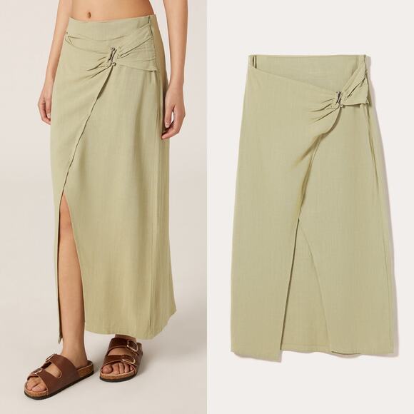 Stradivarius Green Linen Blend Asymmetrical Light Green Midi Skirt - Picture 2 of 9